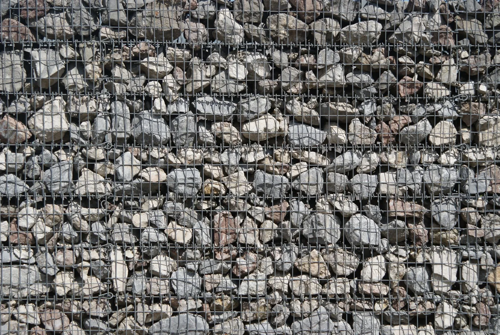close-up of wire gabion baskets filled with stone